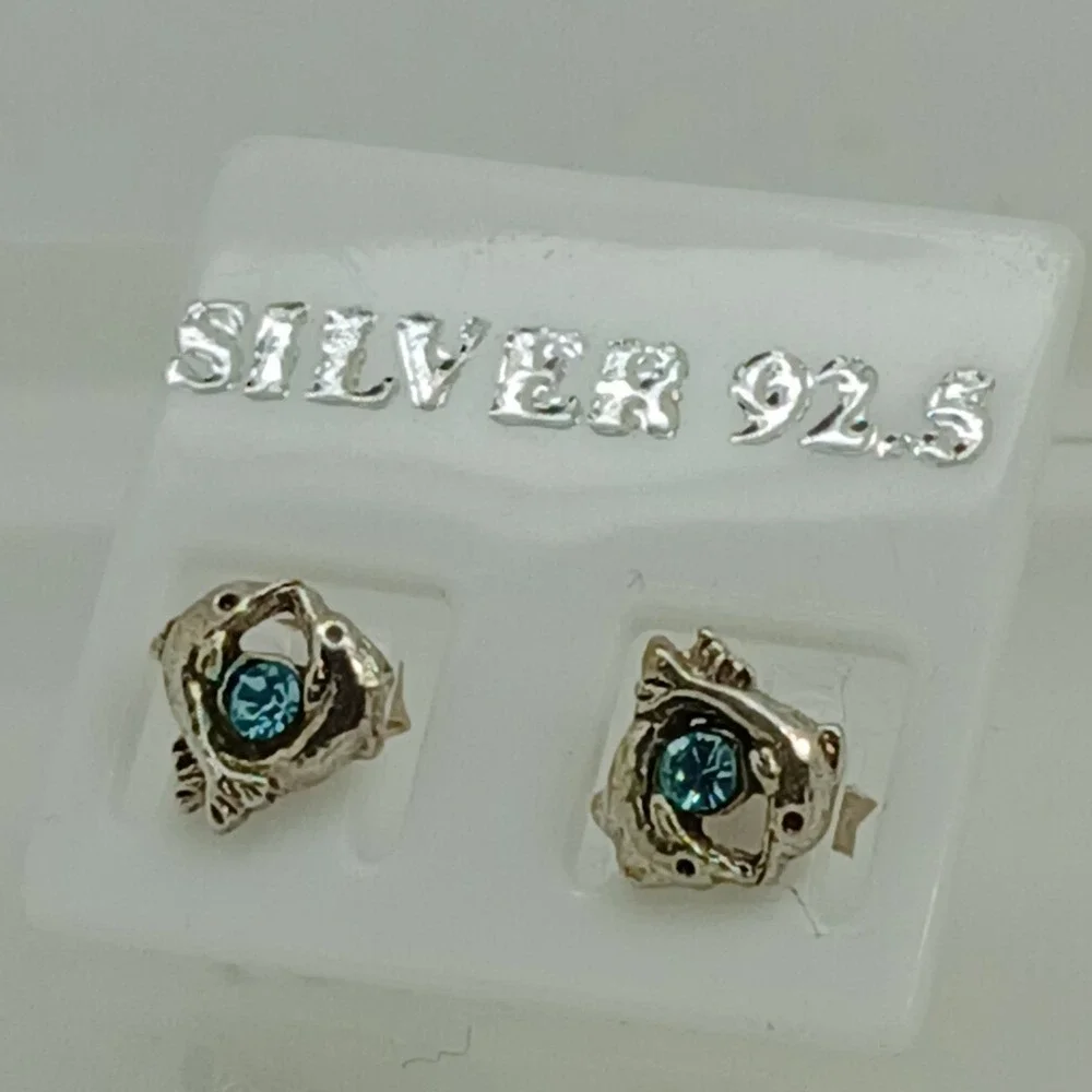 Sterling Silver 925 Dolphin Stud‎ Earrings Blue Crystal Nautical Vintage Jewelry